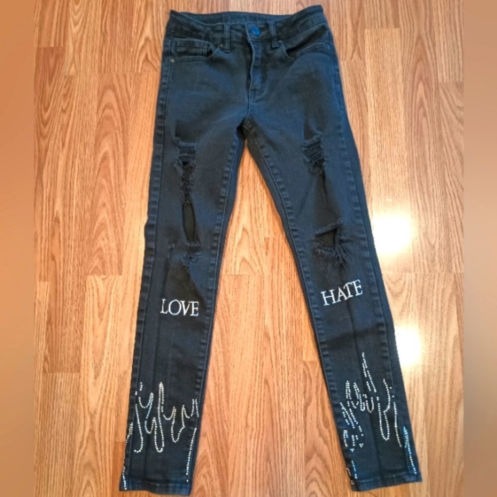 RUE 21 Love Hate Supreme Flex Rhinestone Deconstructed Black Skinny Jeans 26/30
